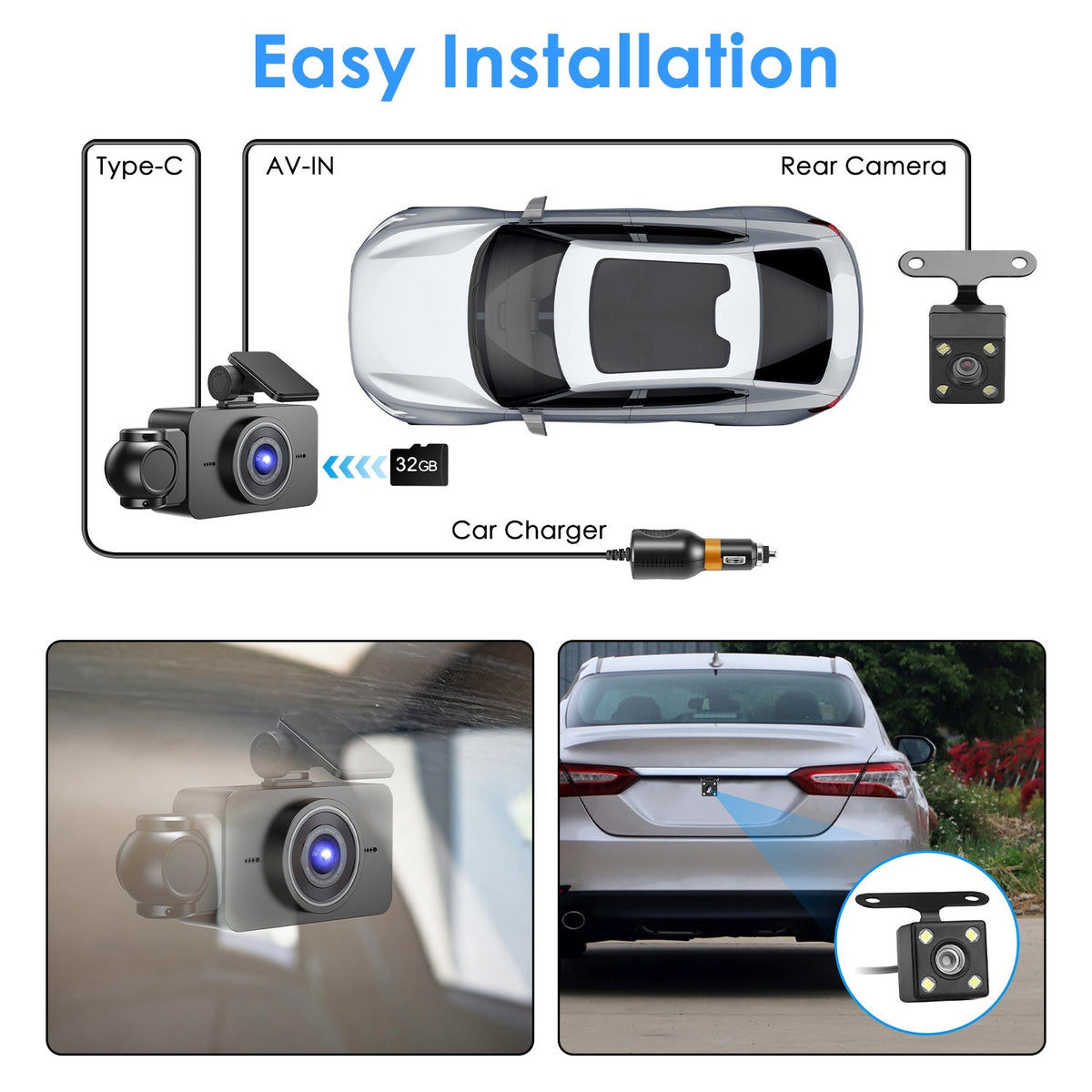 WiFi 1080P 3-Channel Dash Cam with Night Vision & 32GB Card