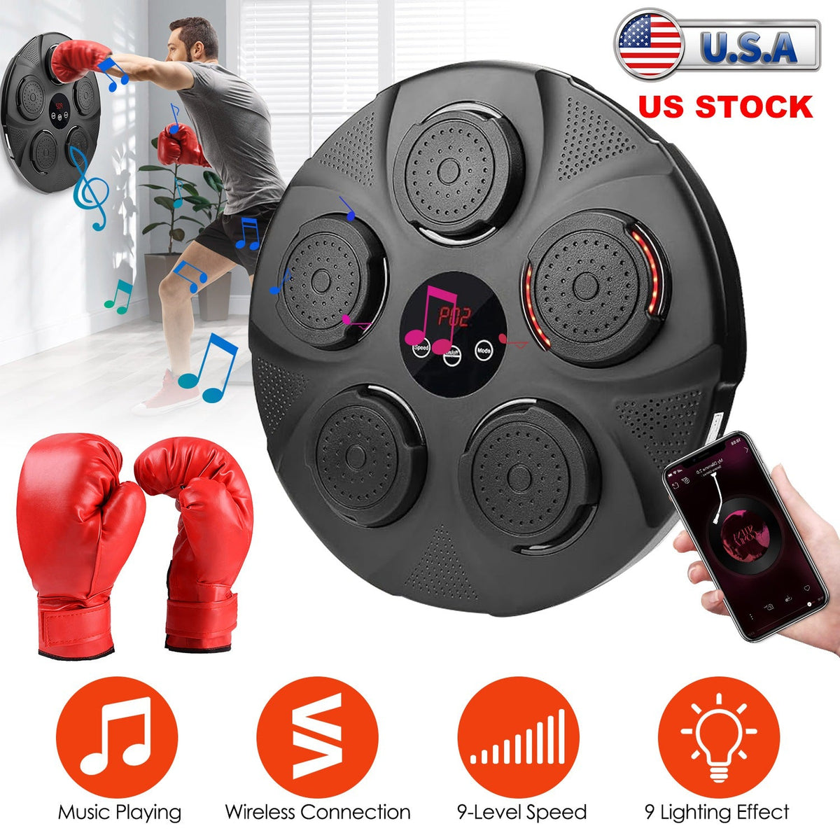 Music Boxing Machine Electronic Wall Target Punching Pad LED Lighted Sandbag Boxing Training Machine Exercise Equipment with Adult Boxing Gloves