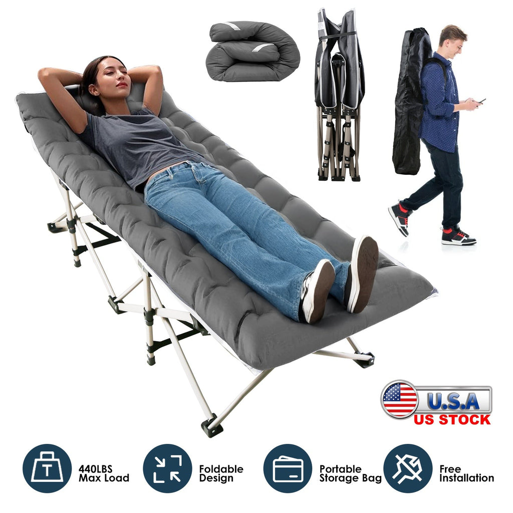 Folding Camping Cot Portable Sleeping Camping Bed Collapsible Travel Camp Cots Guest Bed Cot with 2-Sided Soft Pad 440LBS Max Load