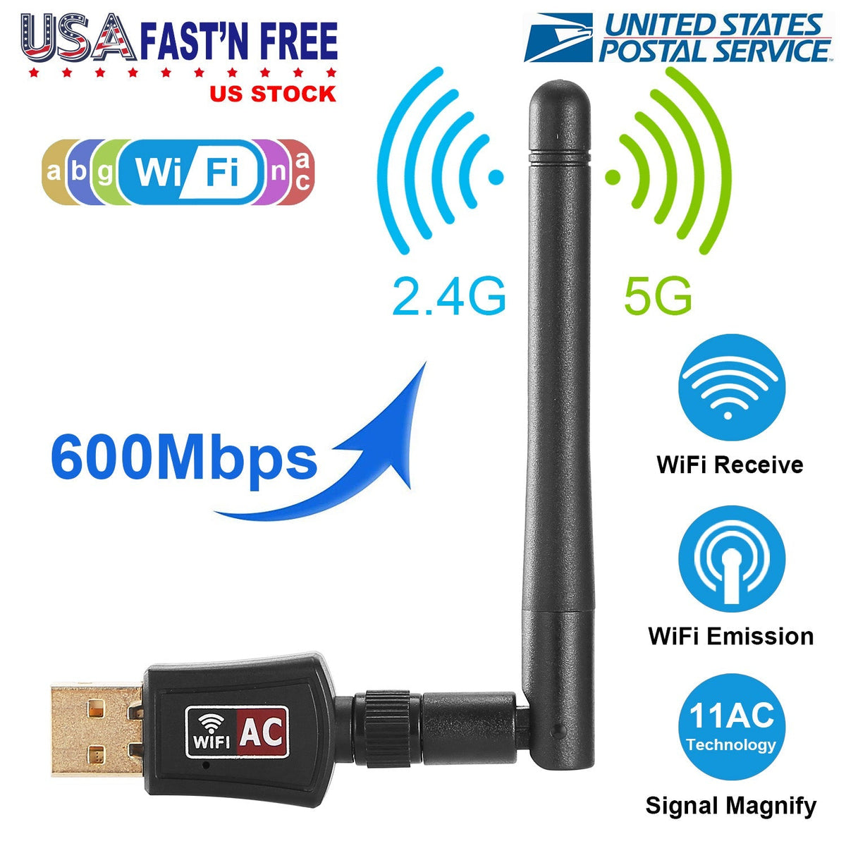 USB WiFi Adapter AC600Mbps 5G/2.4G Dual Band 802.11ac Wireless Network Adapter w/ 2dBi External Antennas For PC Desktop Laptop