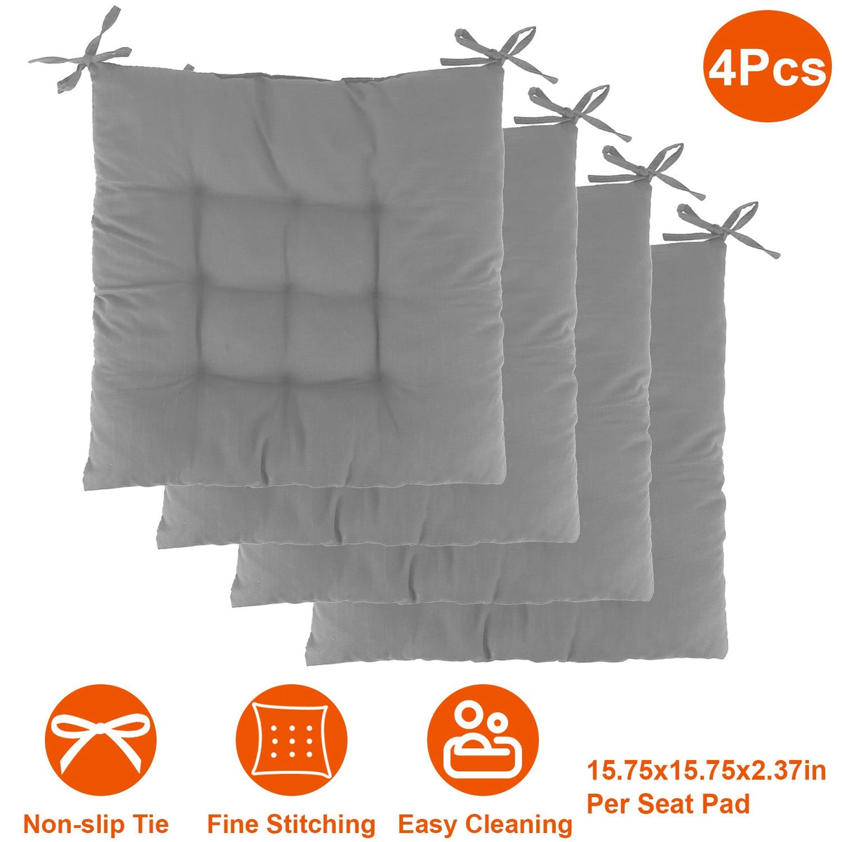 4Pcs Chair Cushion Pads Pillow 15.75x15.75x2.37in Soft Tie On Square Sitting Mats For Home Office Car Sitting Travel