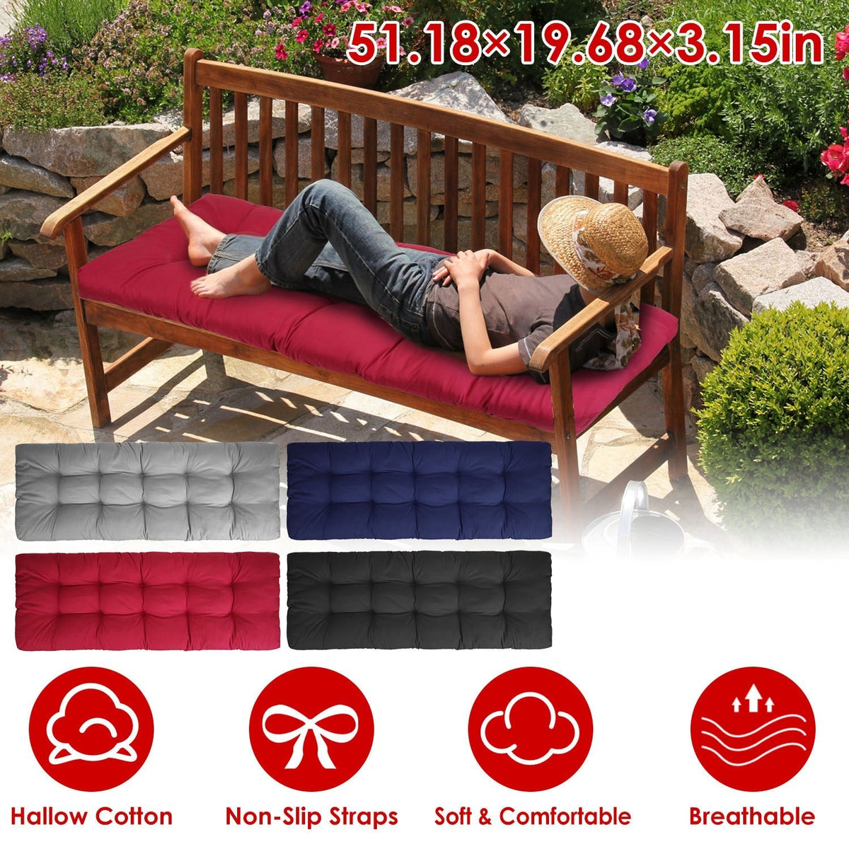 Bench Seat Cushion For Indoor Outdoor Furniture Non Slip Long Chair Cushion with Ties Strap  Swing Cushion 51.18x19.68IN For Garden Patio Balcony Entr