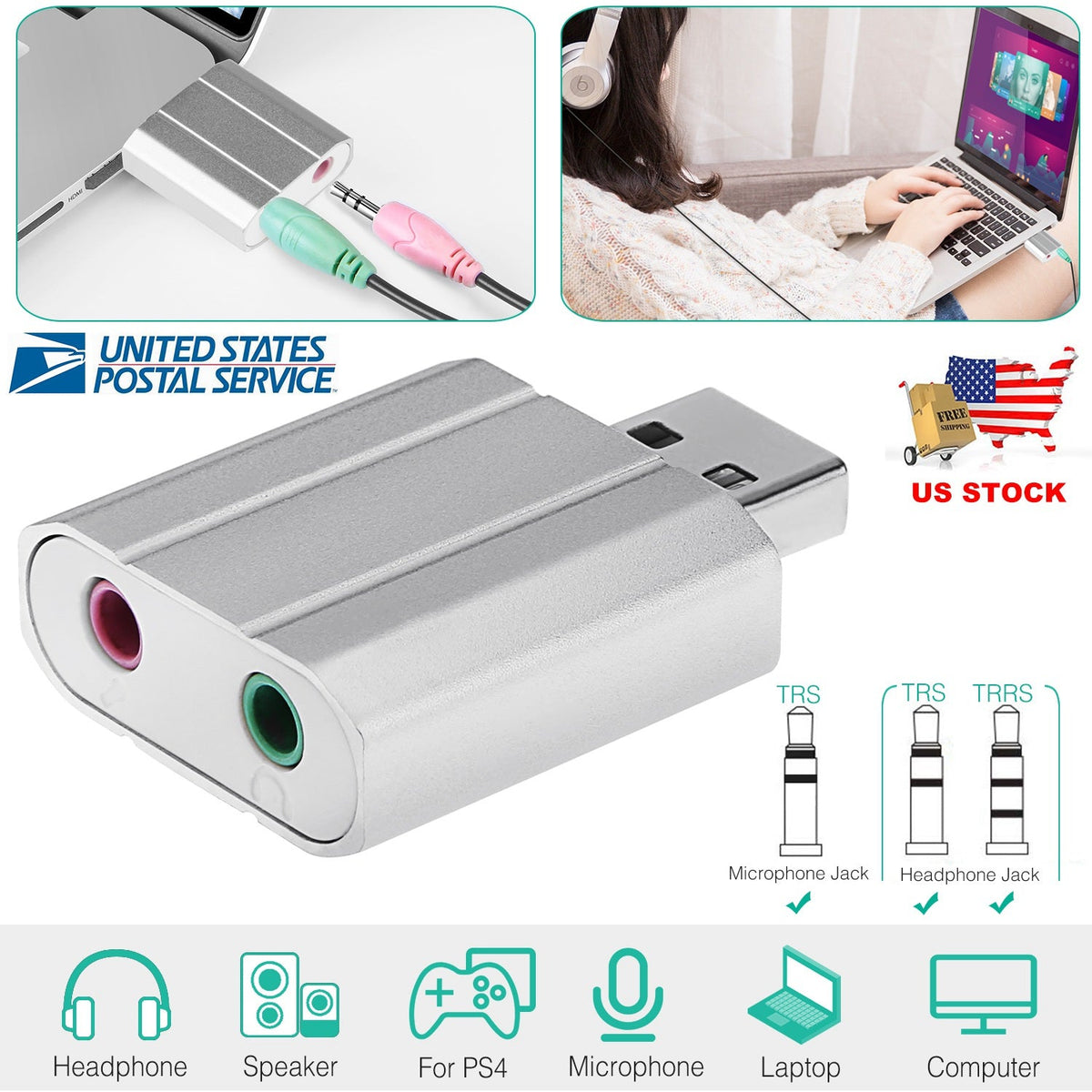 USB Audio Adapter External Stereo Sound Card w/ 3.5mm Headphone Microphone Jack Sound Converter For PC Laptops