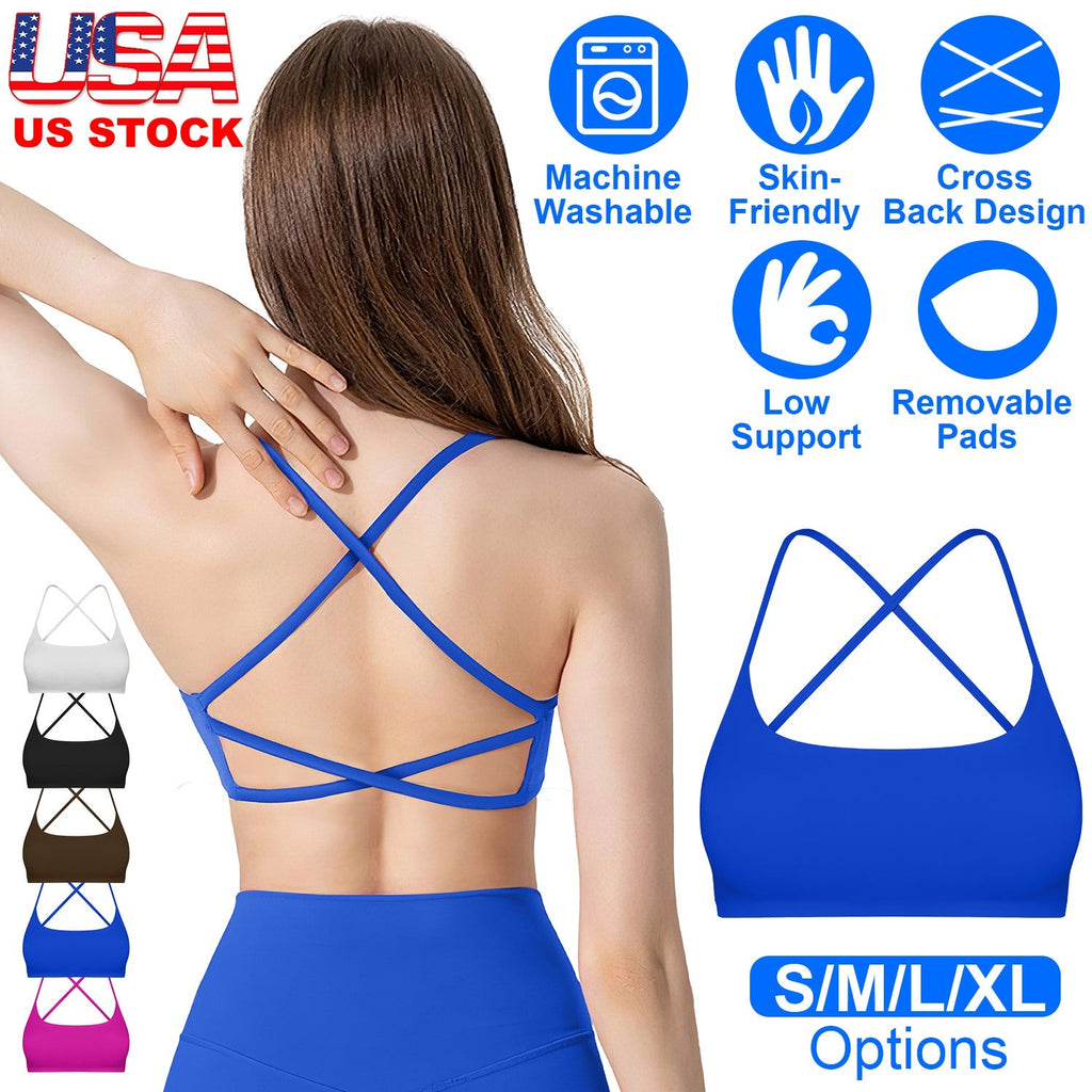 Women Cross Back Sport Bras Padded StrappyÊCrop Open Back Low Impact Bras SexyÊFitnessÊTank Tops with Removable Pads Thin Straps for Gym Yoga Workout