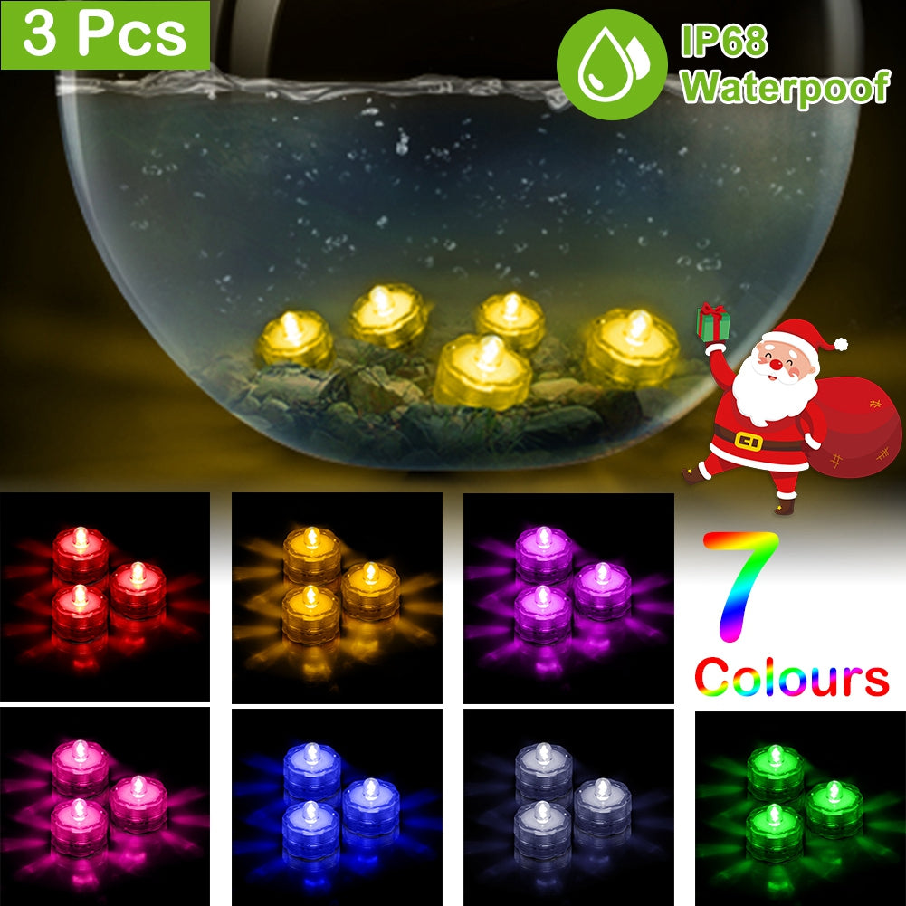 3Pcs Submersible LED Tea Lights Waterproof Candle Lights Battery Operated Decor Lamp