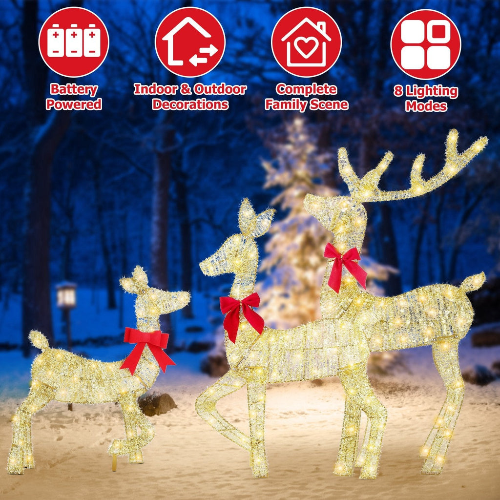 3 Pieces 2D Lighted Christmas Deer Family Set Indoor Outdoor Light Up Reindeer Decorations Lighted Buck Doe Fawn Display with 8 Lighting Modes