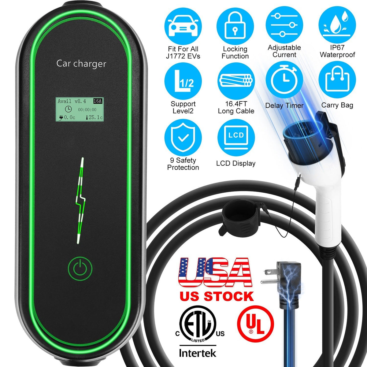 Level2 EV Charger Portable Electric Vehicle Charging Station with NEMA 6-20P PlugÊCarry Bag Fit For All J1772 EV and Hybrid Vehicles for Home and Outd