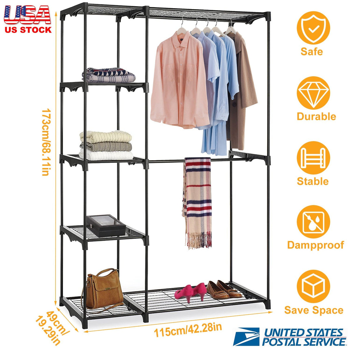 Metal Closet Deluxe Double Rod Freestanding Closet Clothes Storage Organizer Coat Storage Wardrobe Metal Shoes Storage Rack with 5-Tier Wire Shelving