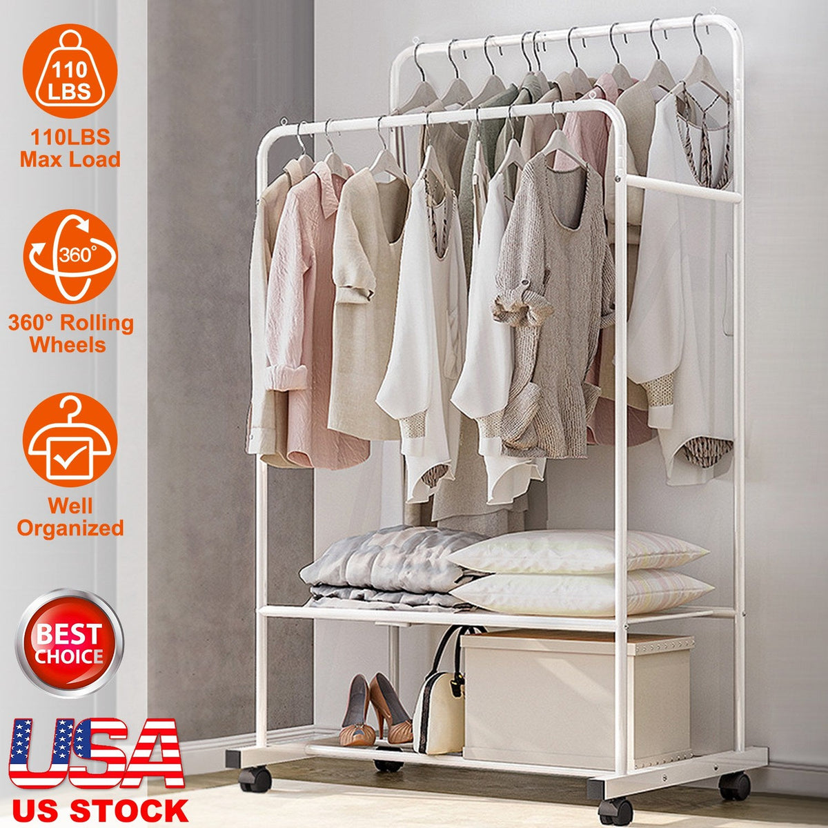 Garment Hanging Rack Clothing Hanging Rail Pillow Shoe Display Organizer Stand Rolling Wheel Clothes Organizer