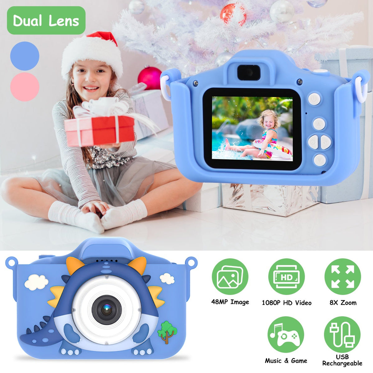 Dinosaur Kids Selfie Camera Cartoon Camera 48MP 1080P HD Digital Camera with Cartoon Case Card Reader 32G MMC Card for Boys Girls Aged 6+ Years Old