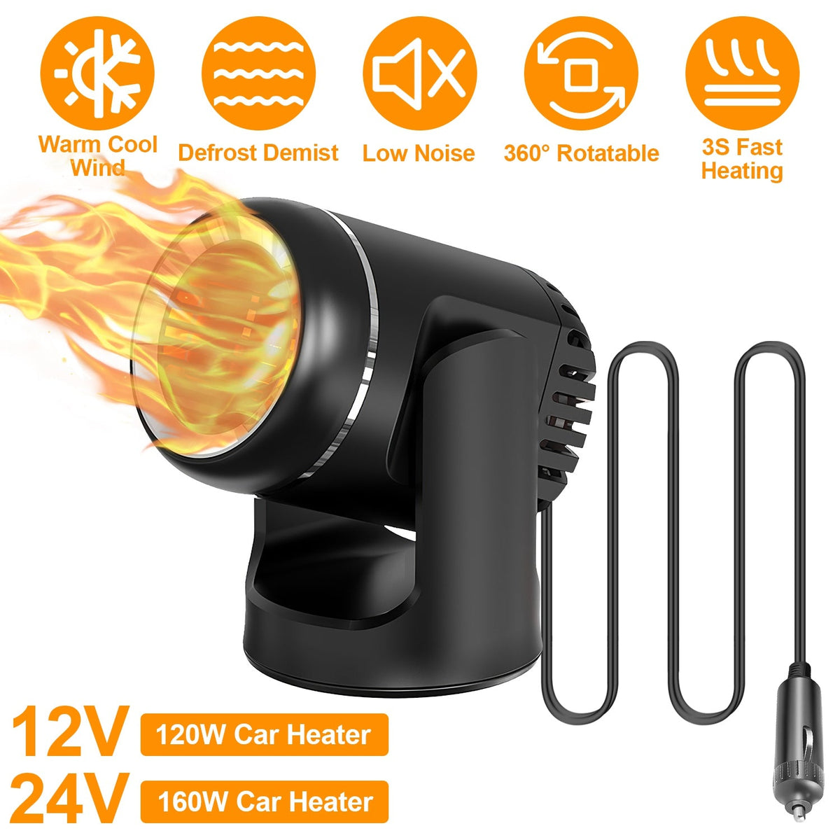 12V 120W Portable Car Heater 2 In 1 Heating Cooling Fan Rotatable Demister Defroster with 4.92ft Cord