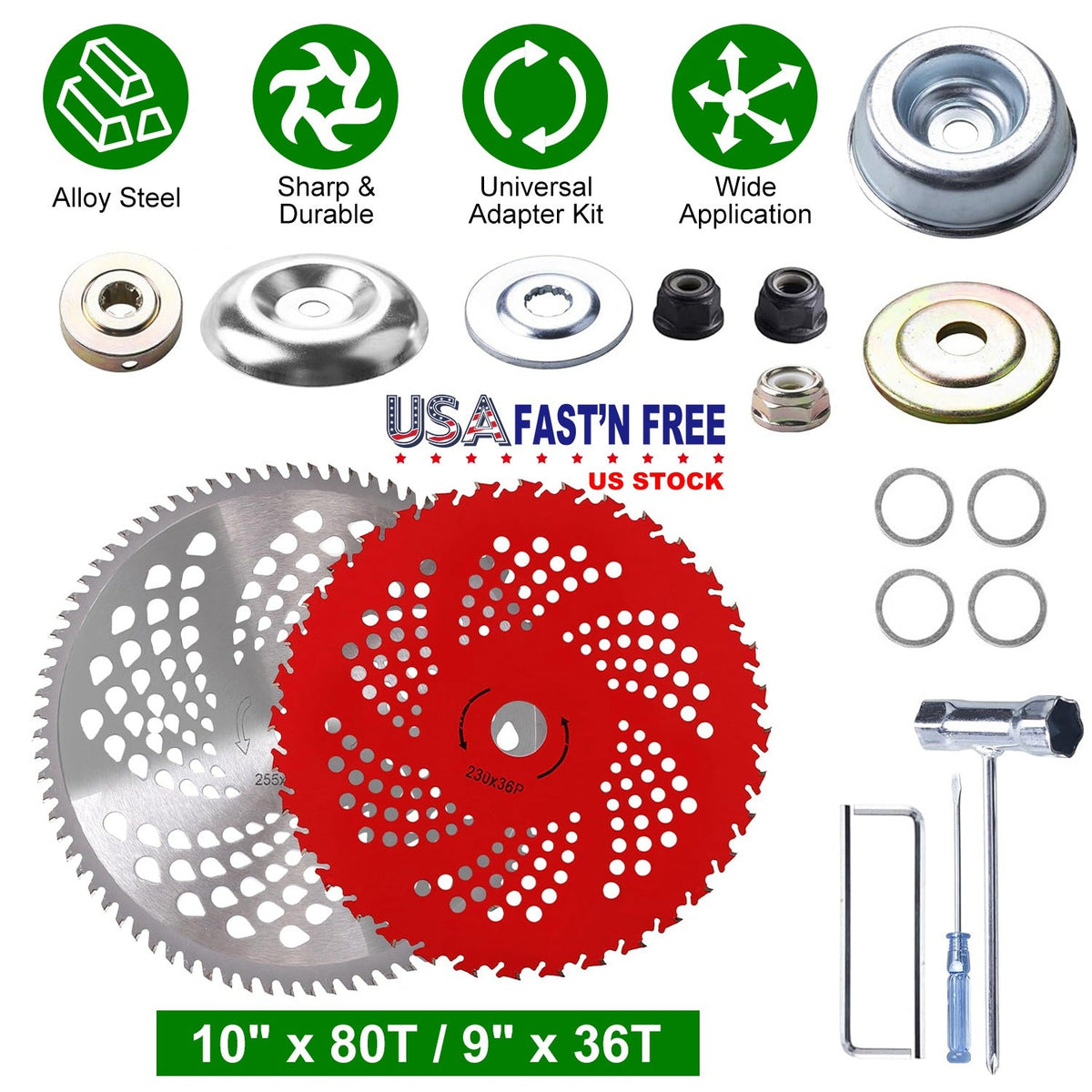 10" x 80T 9" x 36T Carbide Tip Brush Cutter Blades with Universal Adapter Kit Alloy Steel Blades Compatible with Brush Cutter Trimmer Weed Eater