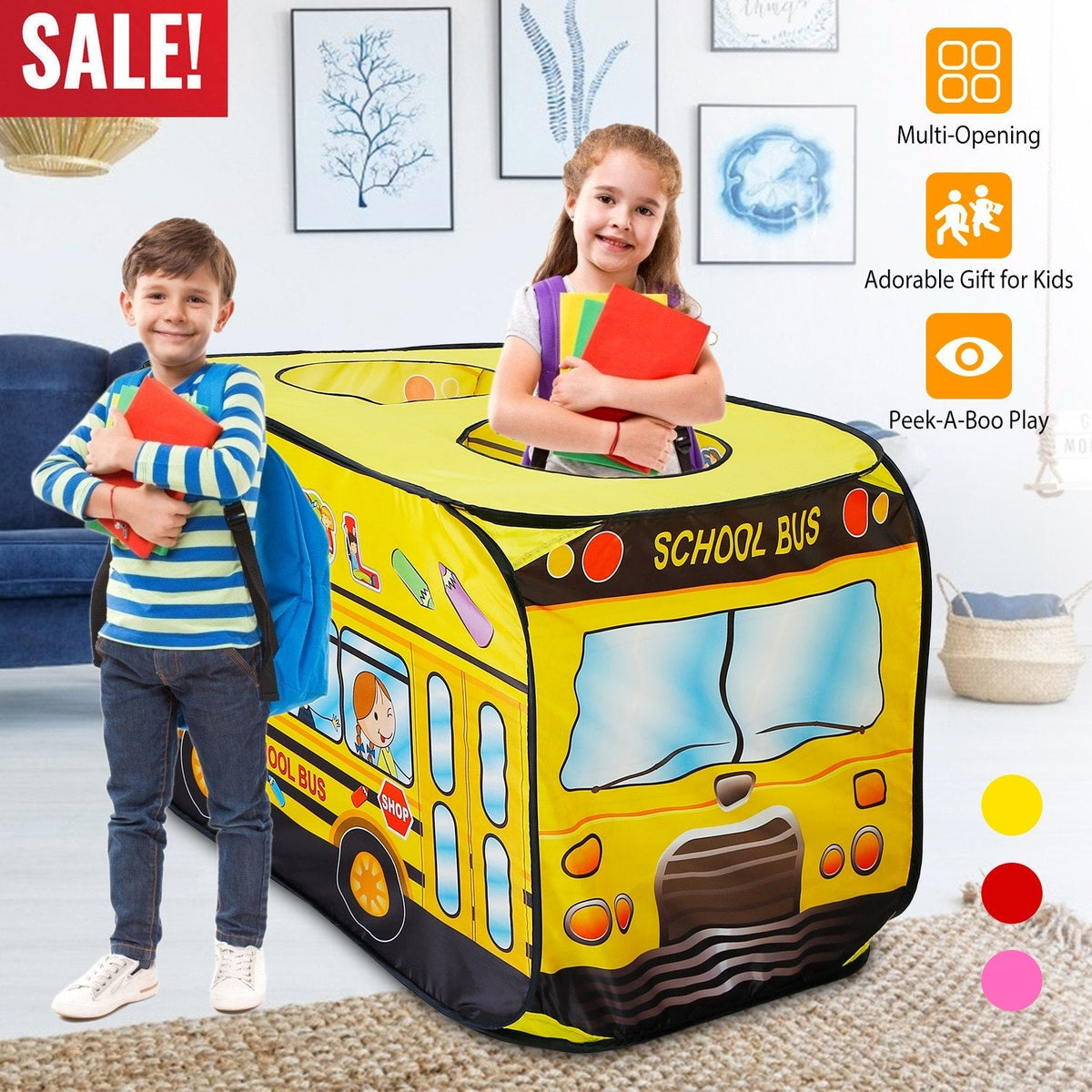 Kids Play Tent Foldable Pop Up School Bus Tent Portable Children Baby Play House W/ Carry Bag For Indoor Outdoor Use