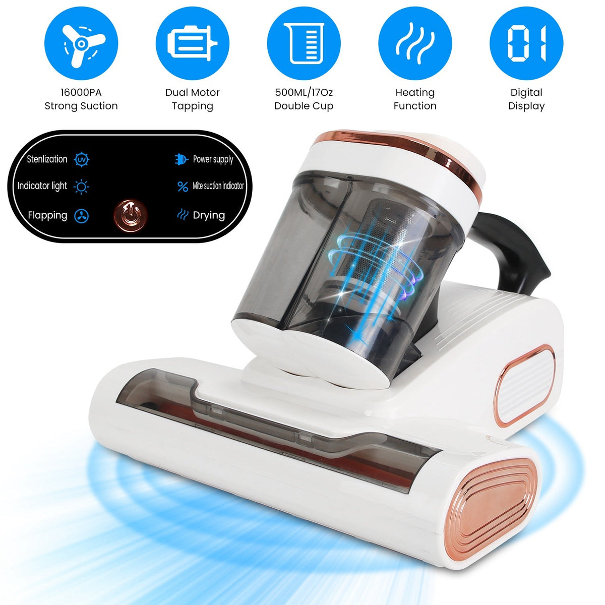 16000PA Double-Cup Bed Vacuum Cleaner 500W Mattress Handheld Vacuum Dust Mites Remover with Heating Function for Bed Sofa Rug