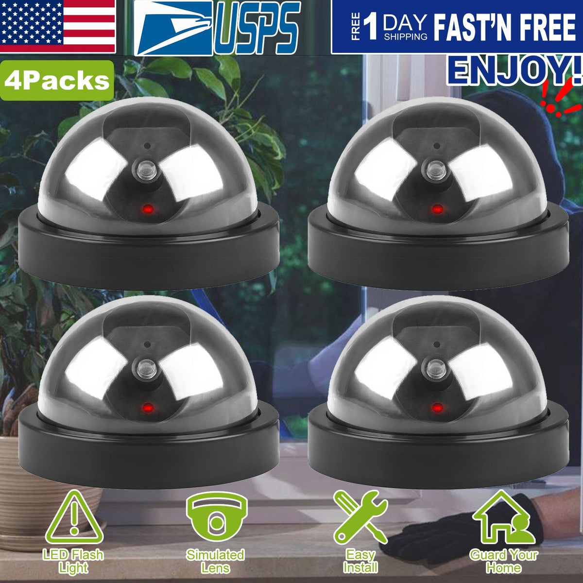 4Packs Fake Security Camera Dome Dummy Camera w/ Realistic Looking Flash LED Lights Simulated Surveillance Security for Home Shop Factory