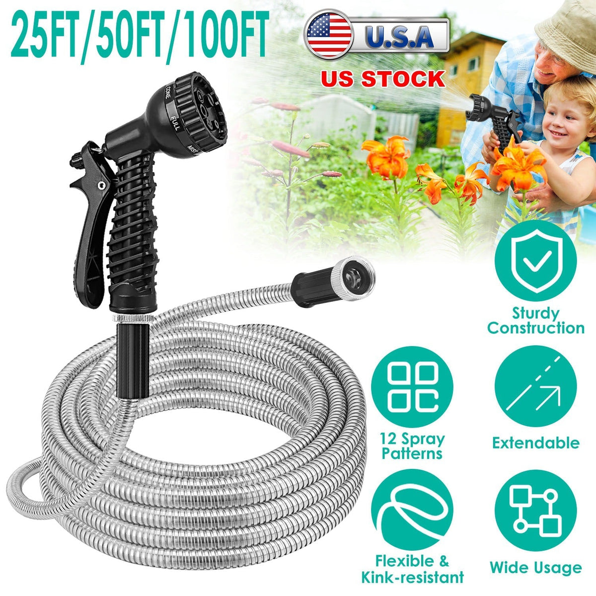 25FT/50FT/100FT Heavy Duty Stainless Steel Garden Hose Garden Watering Kit Metal Water Hose with 2 Nozzles 12 Patterns Flexible Extendable Kink Tangle