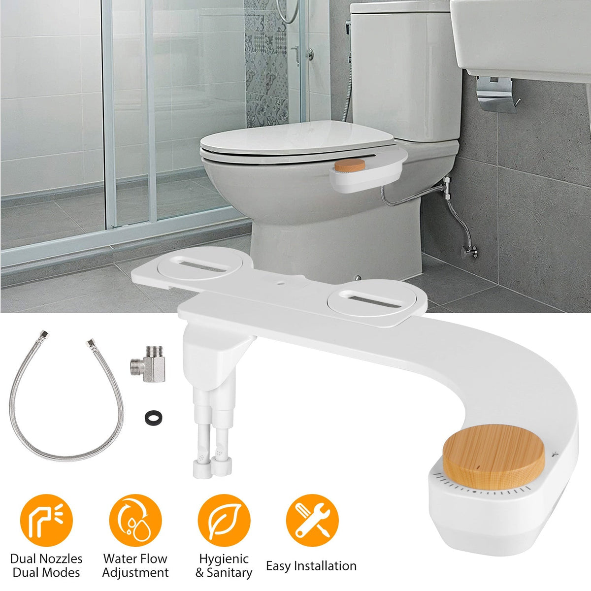 Bidet Attachment Non-Electric Fresh Water Bidet Sprayer Toilet Seat Attachment with Dual Nozzles Water Flow Control