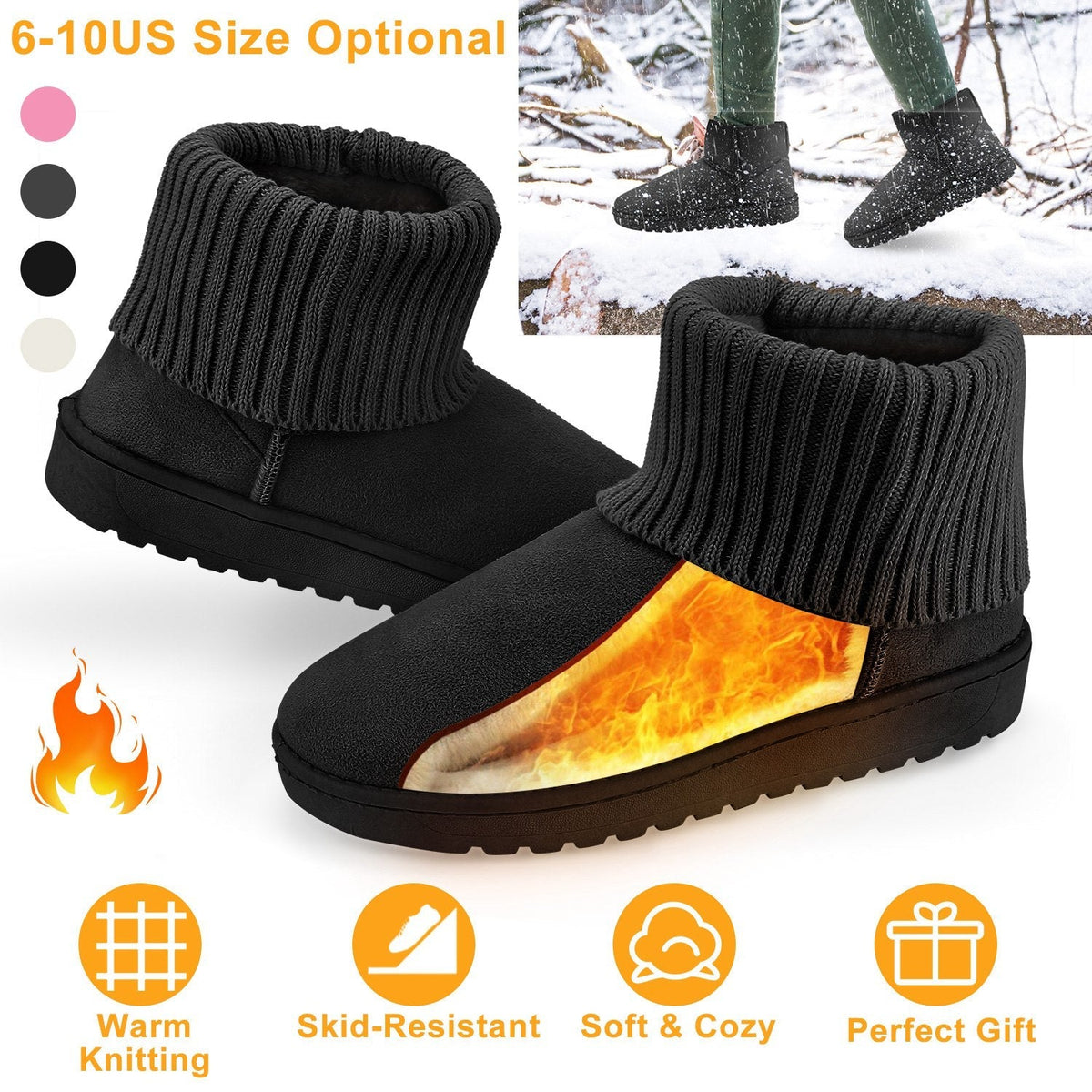 Women Lady Snow Boots Suede Mid-Calf Boot Shoe Short Plush Warm Lining Shoes w/ Anti-slip Rubber Base Knitting Design