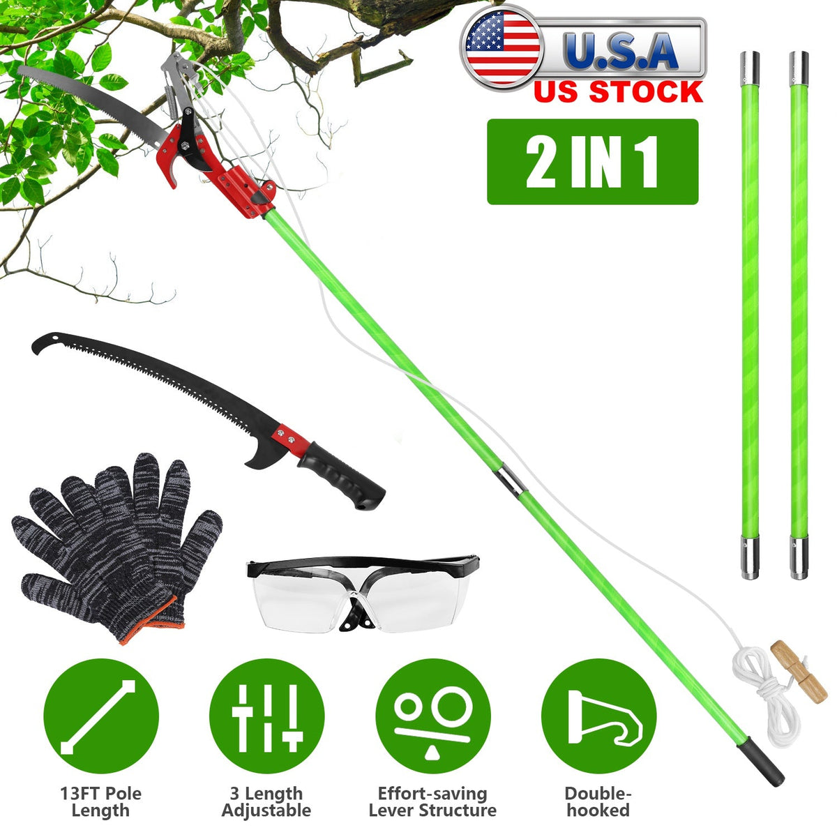 2 In 1 Extra Long Manual Pole Saw 8.23-15.12FT Extendable Tree Pruner for High Branches with Pruner Scissors 2 Double-hooked Saw Blades Goggles Gloves