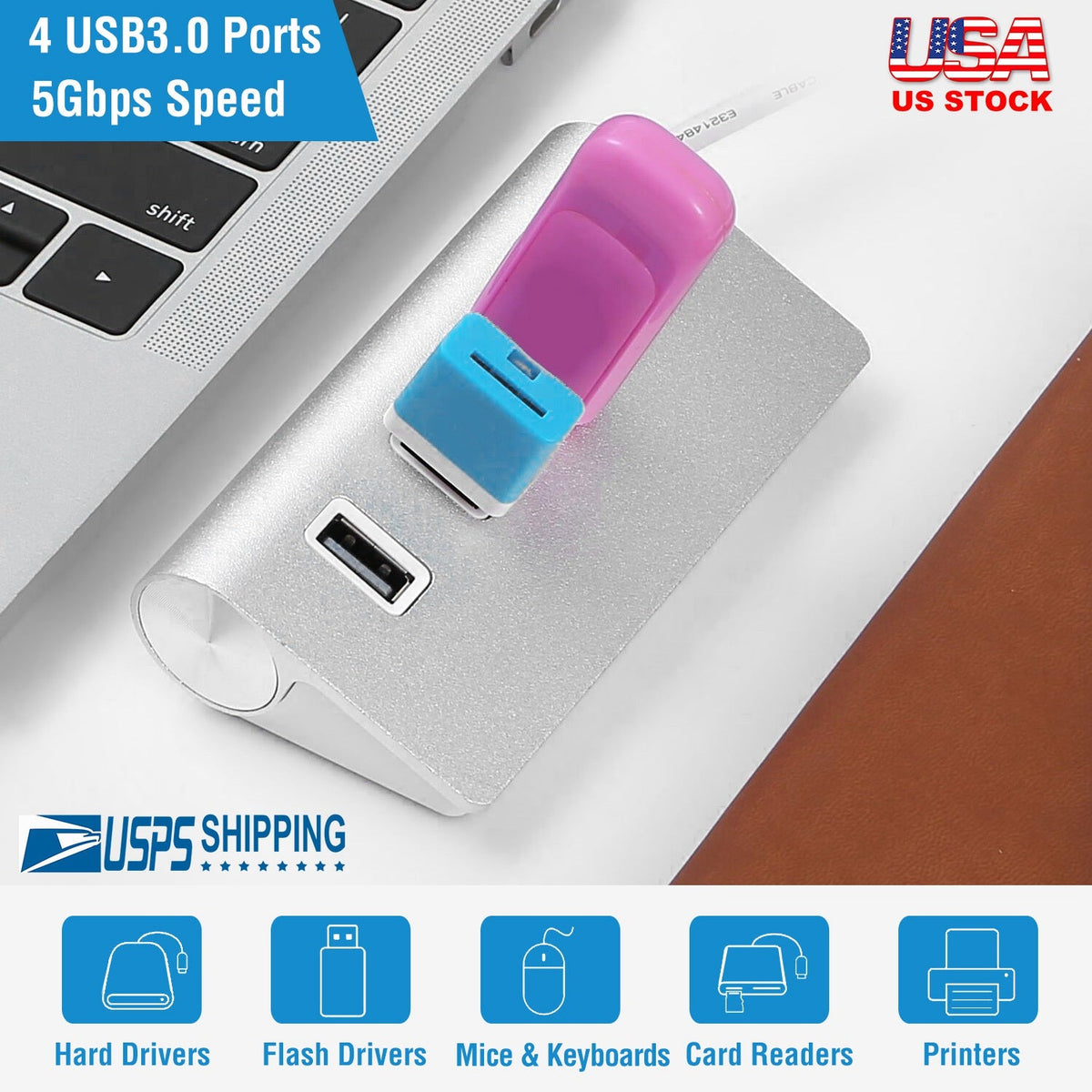4 Ports USB3.0 Hub 5Gbps USB3.0 Aluminum Expansion Hub Splitter File Video Date Reader Transmission For U Disk Flash Drive Mouse Digital Camera
