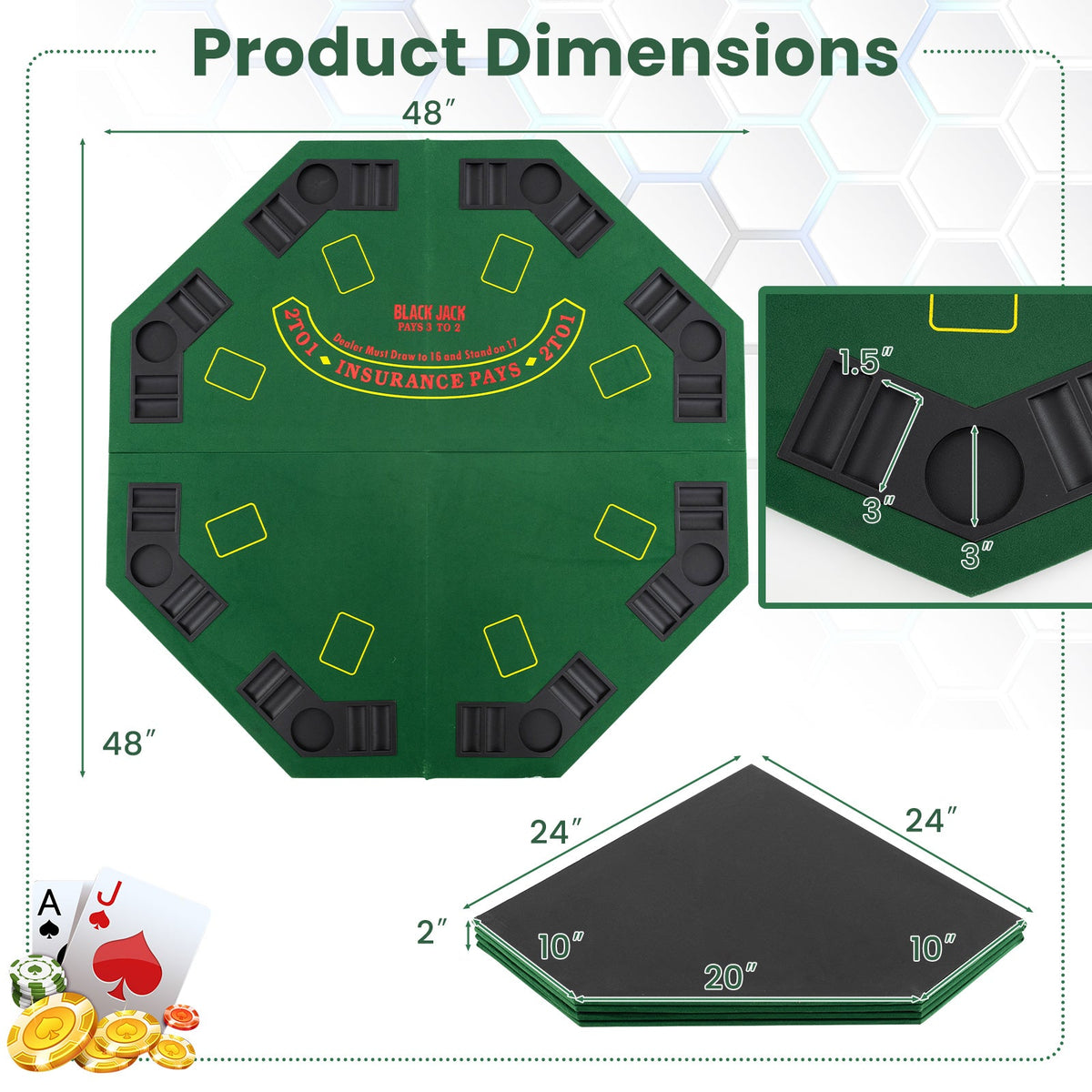 48 Inch 8-Player Foldable Poker Table Top with Carrying Bag and Cup Holders-Green