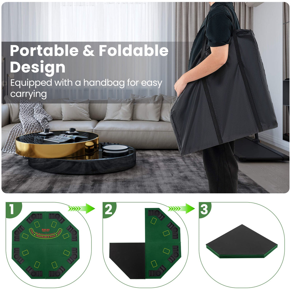 48 Inch 8-Player Foldable Poker Table Top with Carrying Bag and Cup Holders-Green