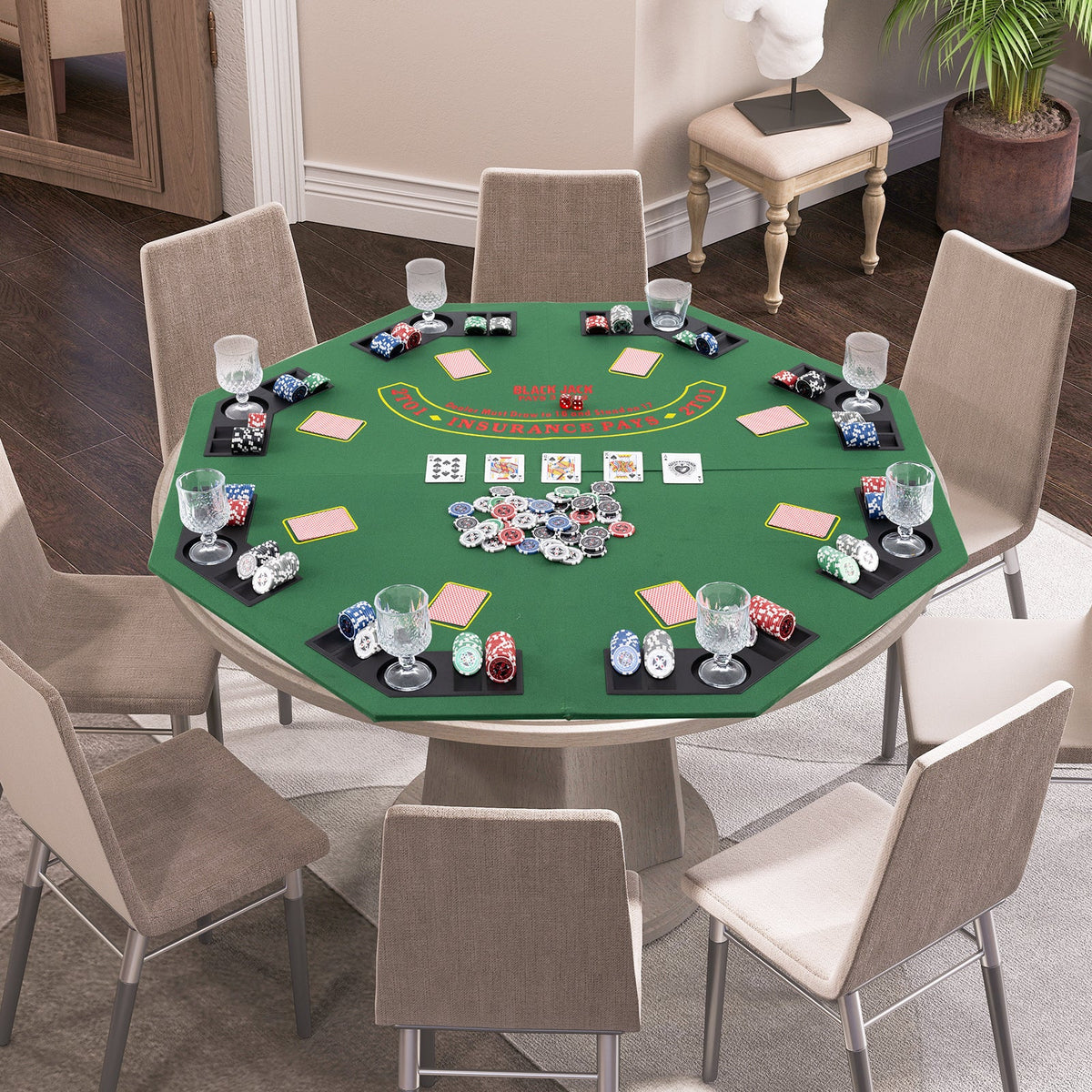 48 Inch 8-Player Foldable Poker Table Top with Carrying Bag and Cup Holders-Green
