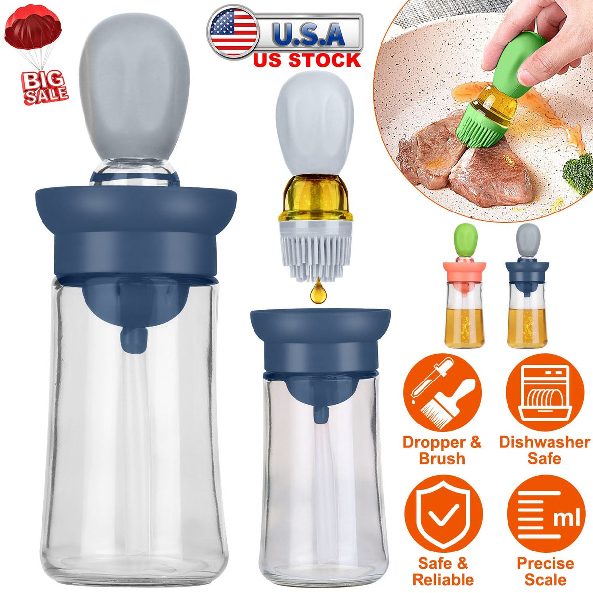 Oil Dispenser Bottle 2 In 1 Cooking Glass Olive Oil Dispenser Silicone Dropper with Silicone Brush Dropper Measuring Container for Kitchen Baking BBQ