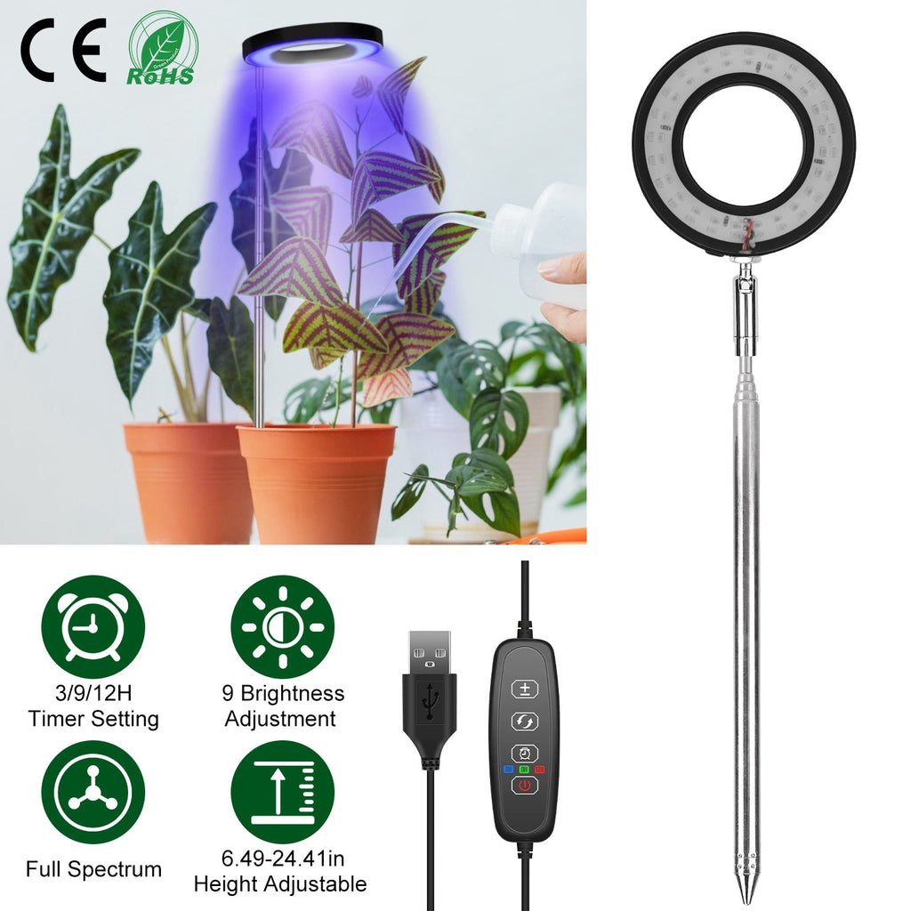Plant Grow Light LED Full Spectrum Circle Growing Lamp with 3/9/12Hours Auto Timer Setting 9 Dimmable Brightness Height Adjustable for Indoor Plants
