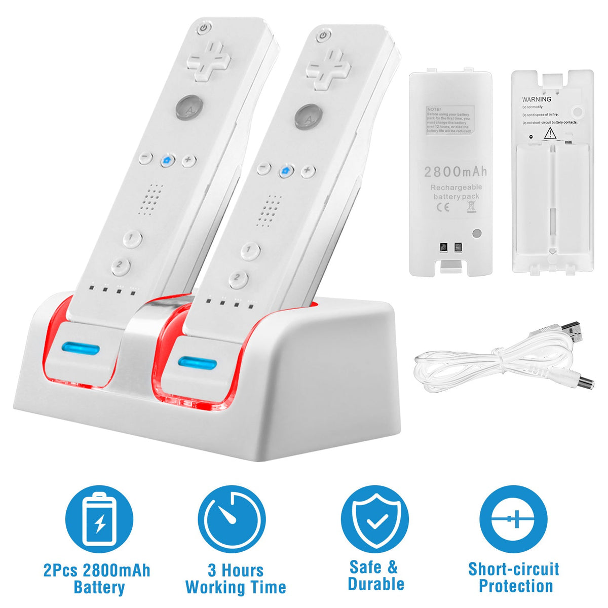 For Wii Remote Controller Charger Dual Charge Dock with Two 2800mAh Rechargeable Batteries