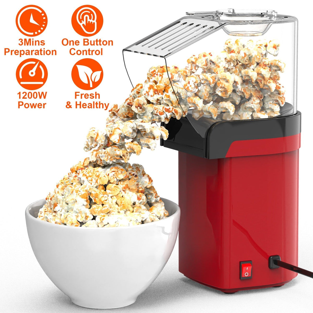 Hot Air Popcorn Popper Maker with Measure Cup And Butter Warmer 1200W Oil-Free Easy To Use 8Cups Mini Popcorn Maker Machine for Home