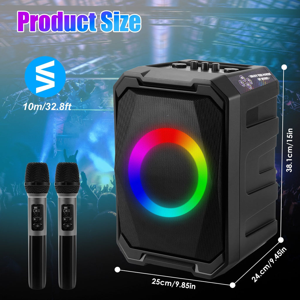 Portable Wireless Party Speaker | LED Lights, 2 Wireless Mics, Remote, TWS & Guitar Input