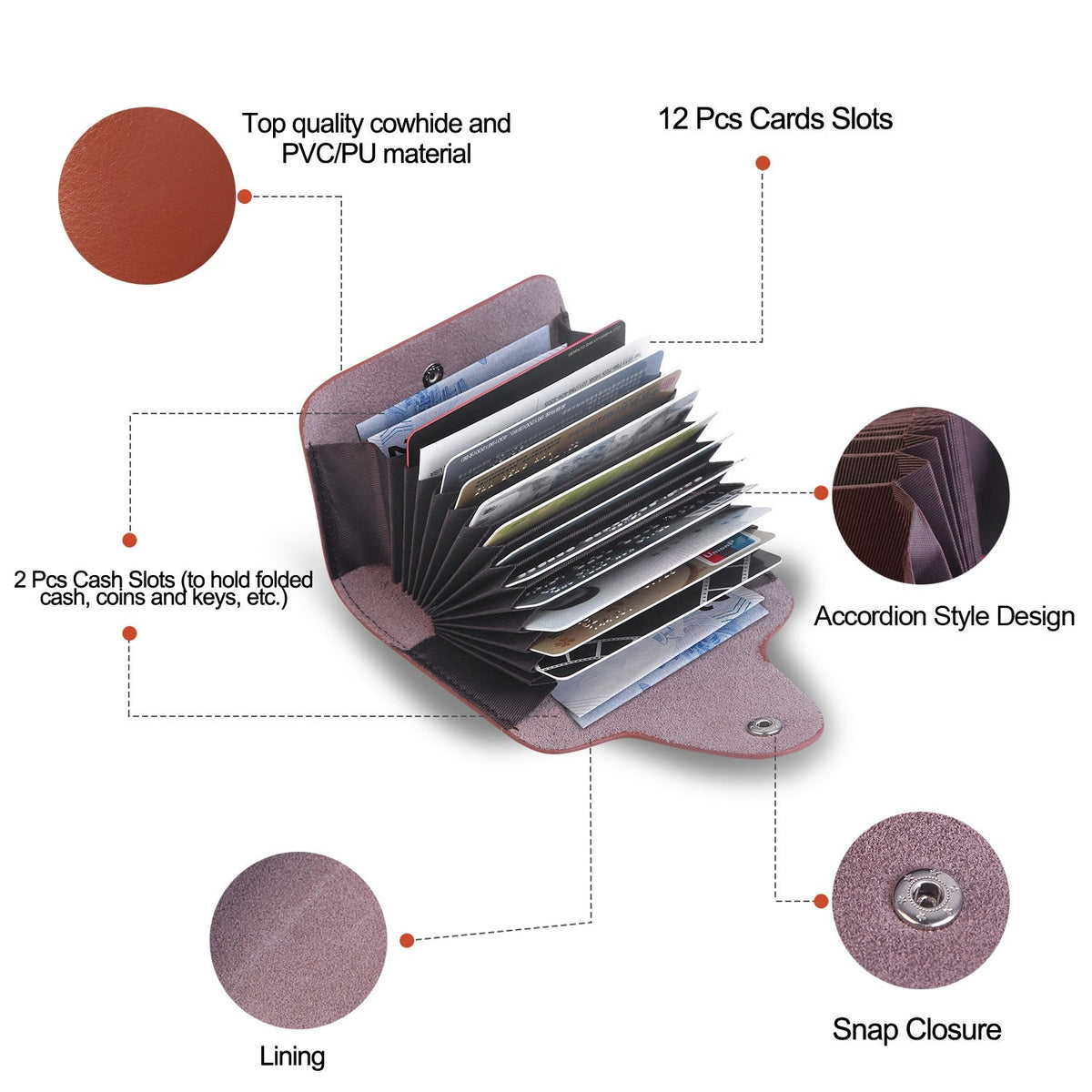 Credit Card Holder Wallet PU Leather Snap Closure Purse Accordion Case with 12 Pcs Card Slots