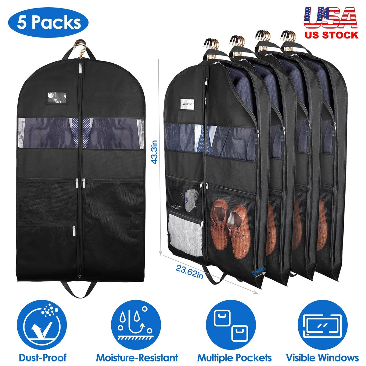 5 Packs Garment Bags Breathable Suit Bag Washable Clothes Cover Protector with Handles for Suits Coat Shirts T-shirts Jackets Dress for Adults Childre