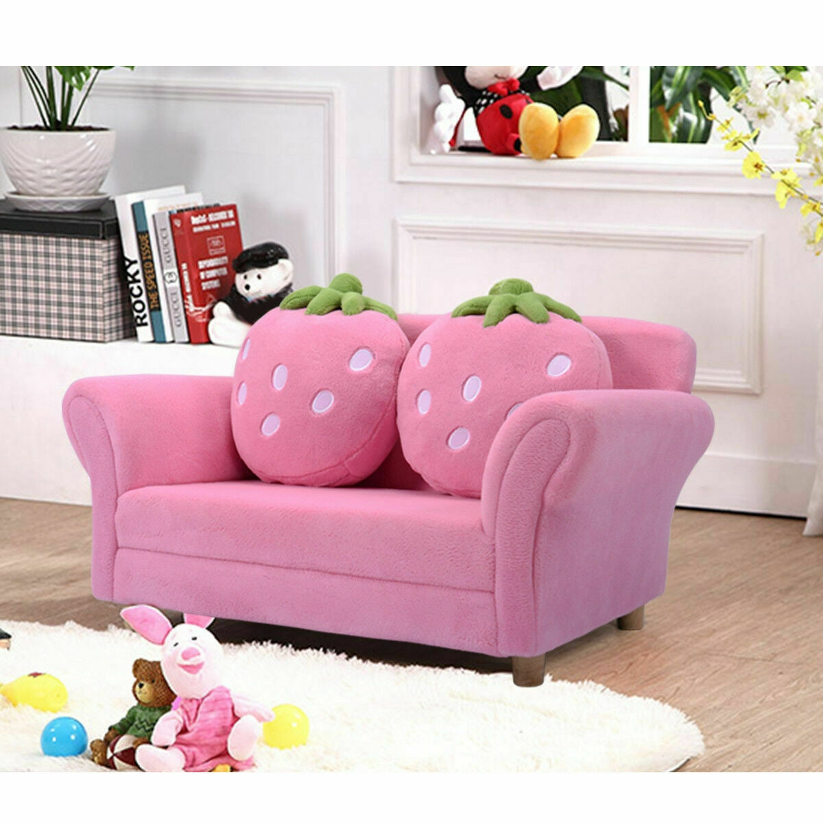 Kids Strawberry Armrest Chair Sofa with 2 Cute Strawberry Pillows-Pink