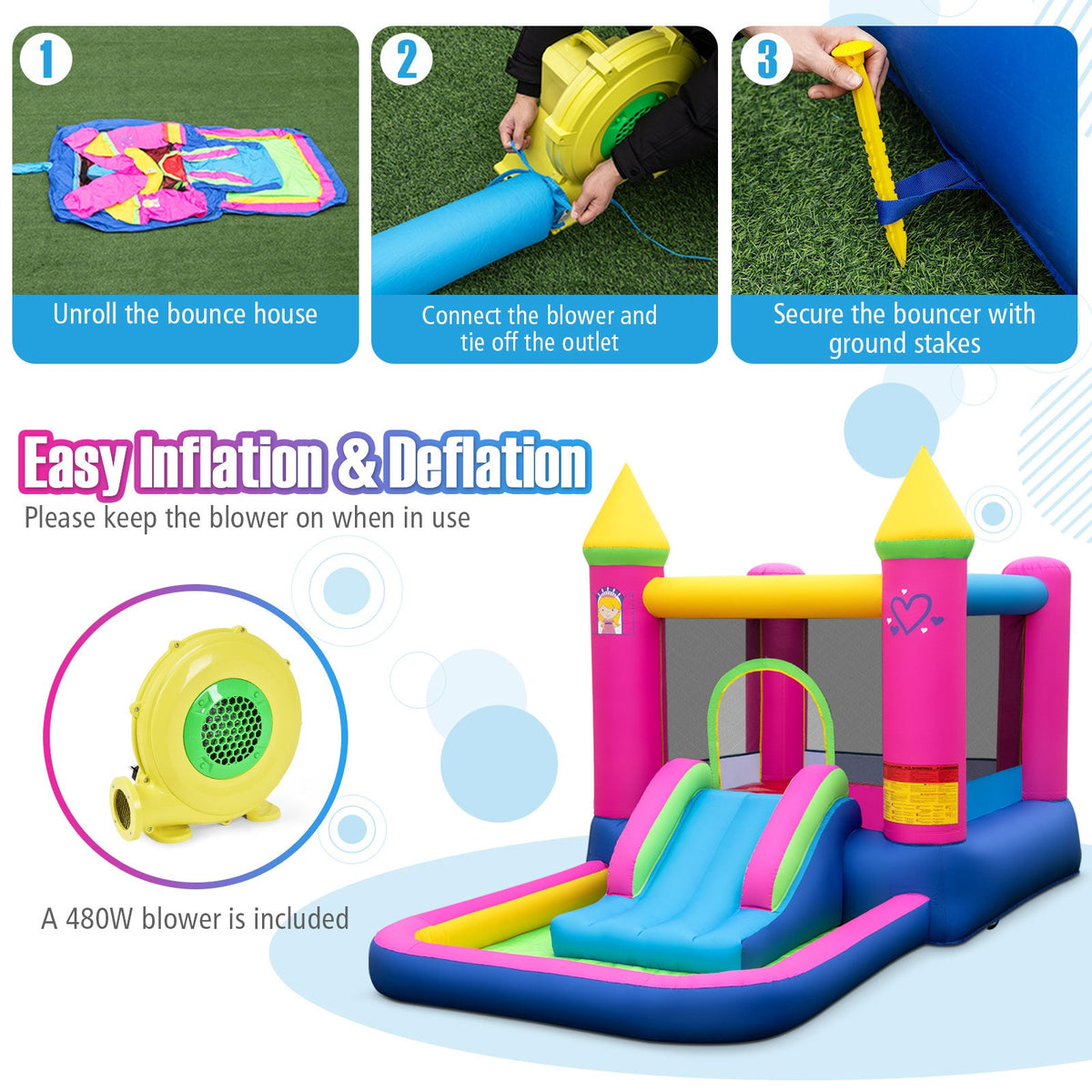 Inflatable Bounce House 4-in-1 Kids Princess-themed Bouncer Blow-up Bouncy Castle with 480 Blower