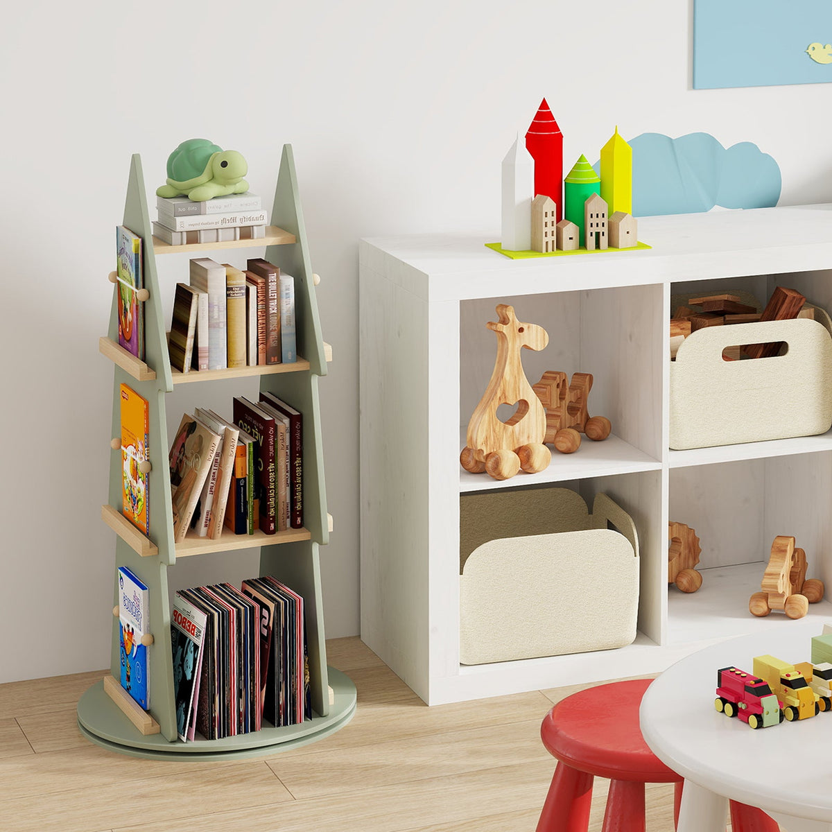 4 Tier Tree Shape Kids Rotating Bookshelf 360¬∞ Display Rack Storage Organizer-Green