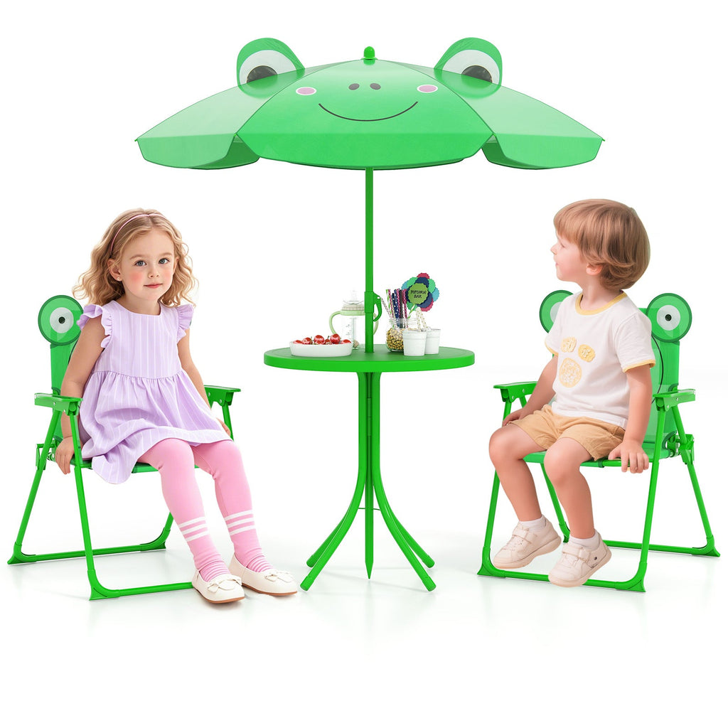 4 Pieces Kids Picnic Set with 2 Folding Chairs and Height Adjustable Umbrella-Green
