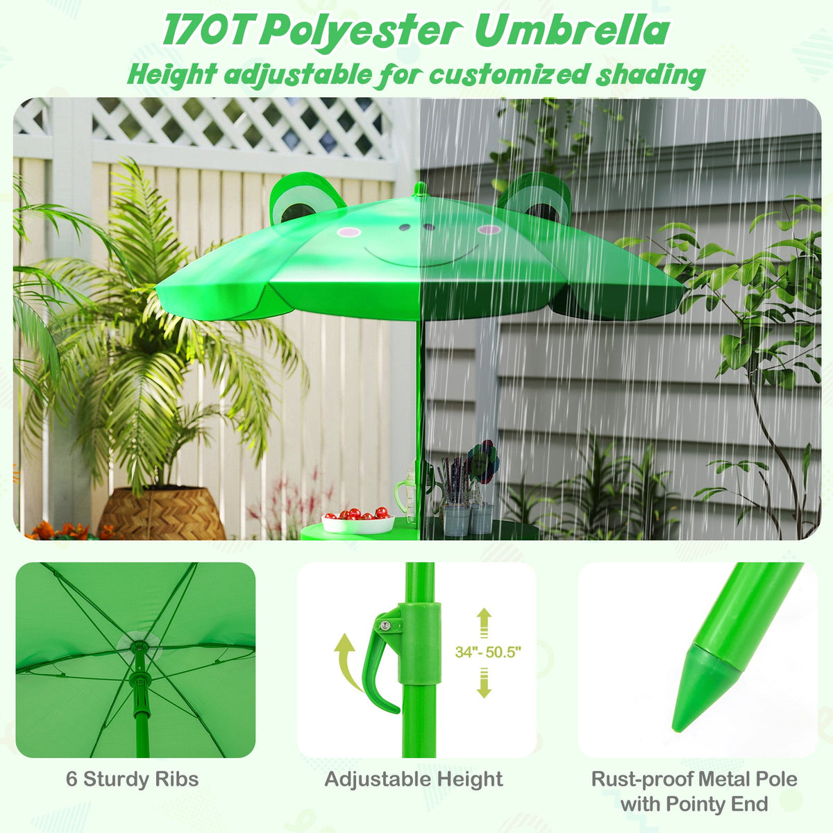 4 Pieces Kids Picnic Set with 2 Folding Chairs and Height Adjustable Umbrella-Green