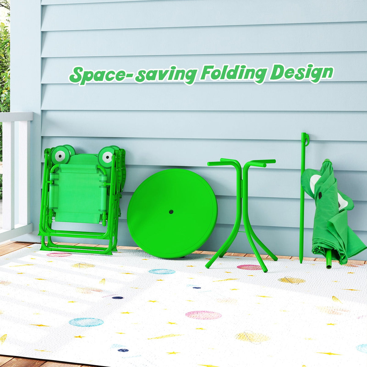 4 Pieces Kids Picnic Set with 2 Folding Chairs and Height Adjustable Umbrella-Green