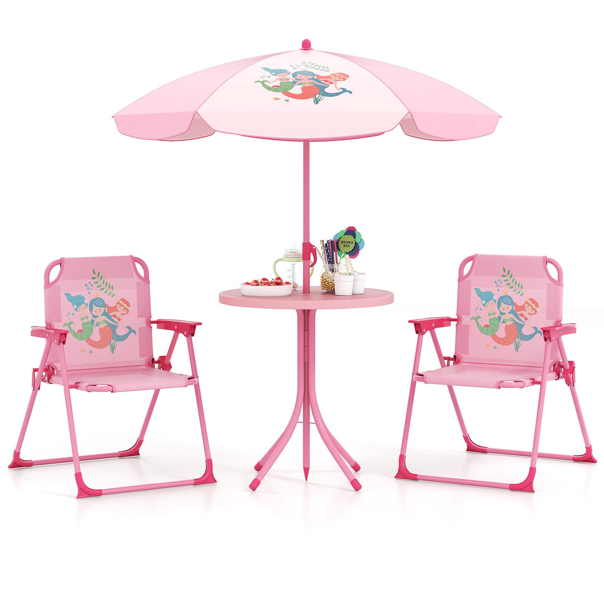 4 Pieces Kids Picnic Set with 2 Folding Chairs and Height Adjustable Umbrella-Pink