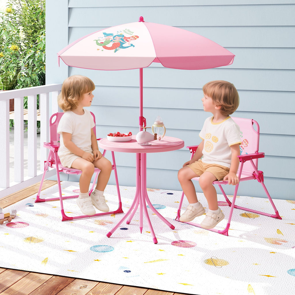 4 Pieces Kids Picnic Set with 2 Folding Chairs and Height Adjustable Umbrella-Pink