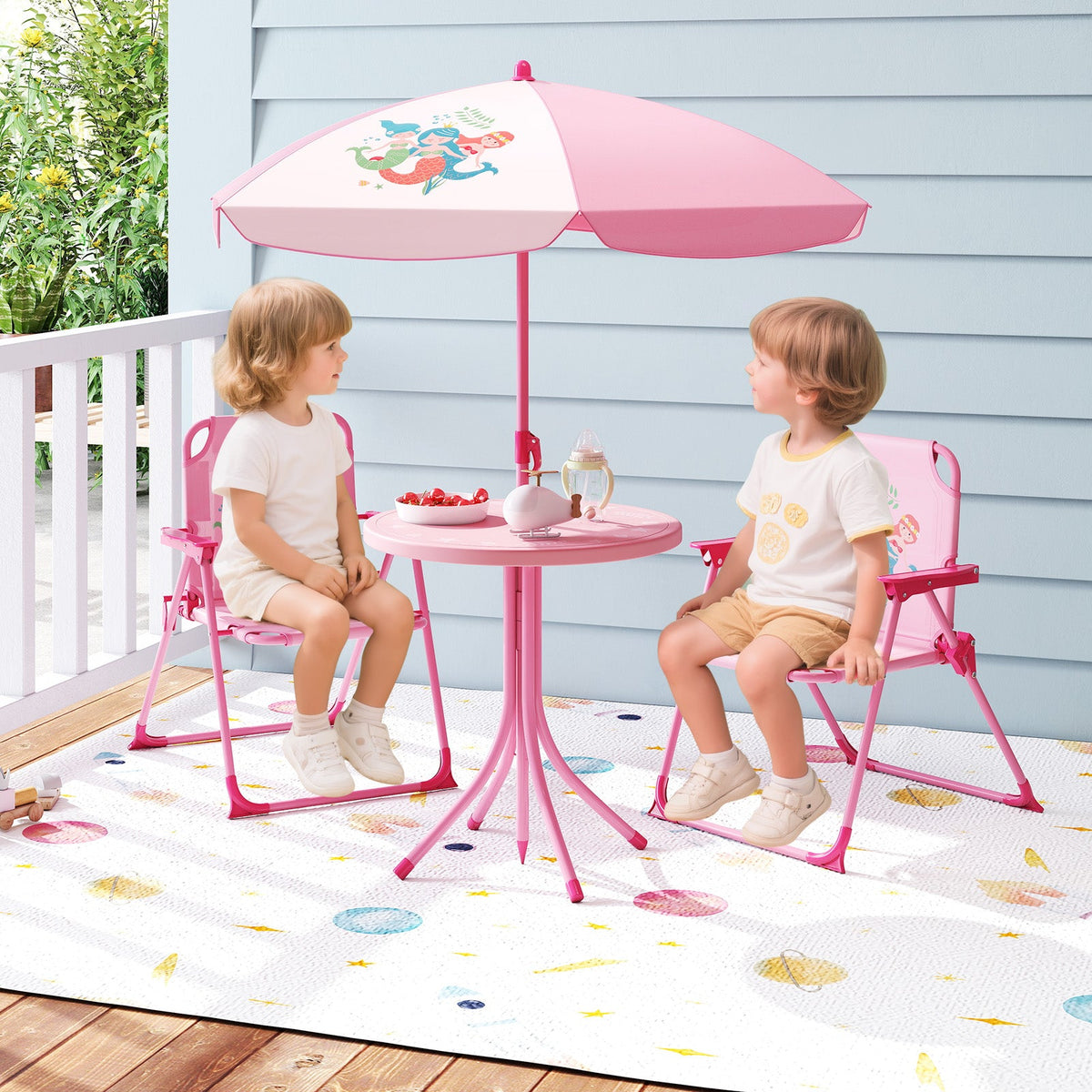 4 Pieces Kids Picnic Set with 2 Folding Chairs and Height Adjustable Umbrella-Pink