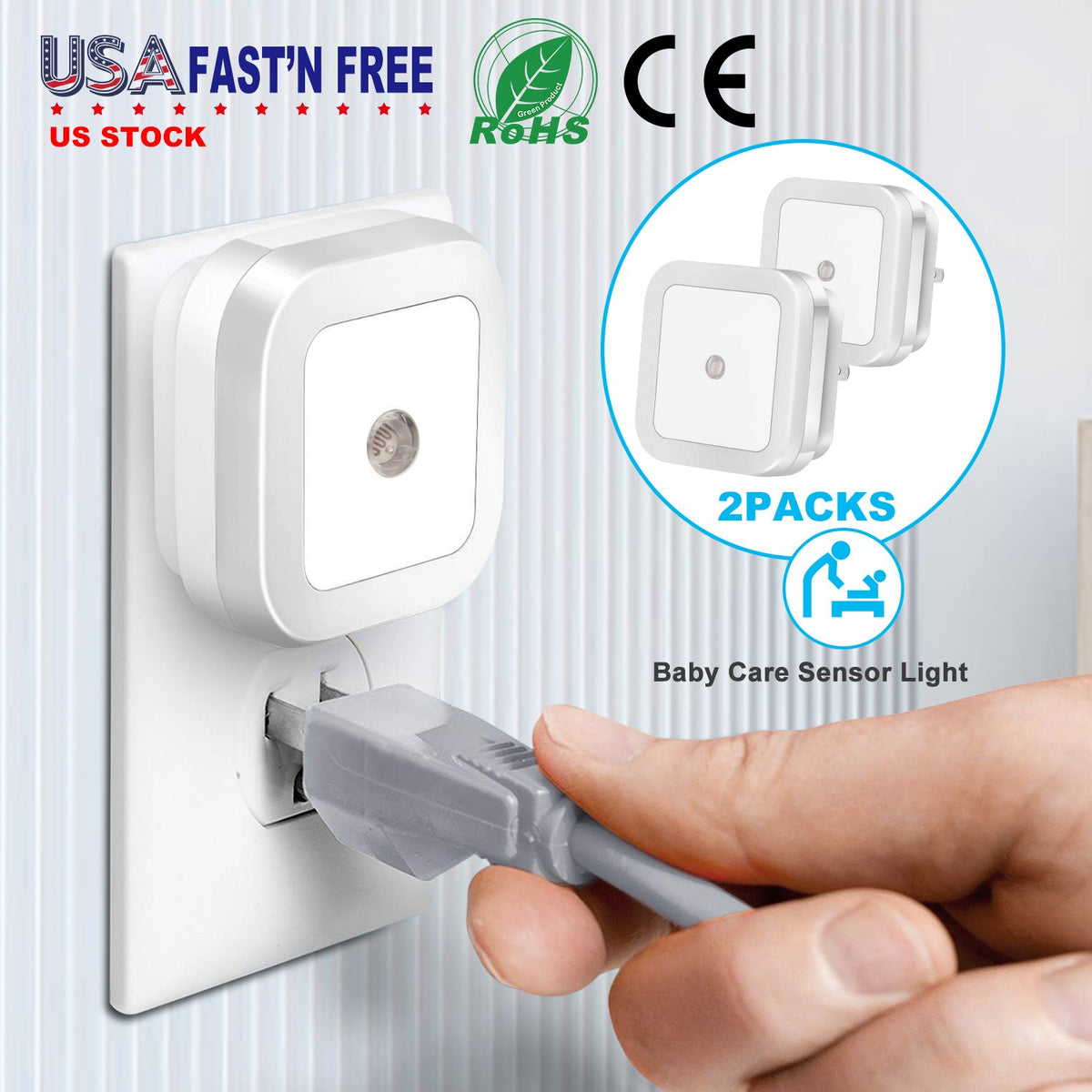 2Packs LED Night Lights Plug-in Light Sensor Lamps Cordless Indoor LED Lighting For Postpartum Mother Babysitter Aged Parent Bedroom Bathroom