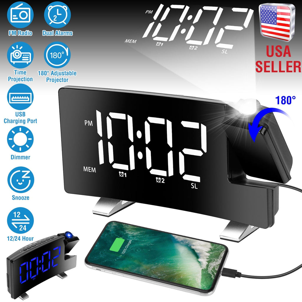 Projection Alarm Clock with Radio Function 7.7In Curved-Screen LED Digital Alarm Clock w/ Dual Alarms 4 Dimmer 12/24 Hour USB Charging Port 180¡ Rotat
