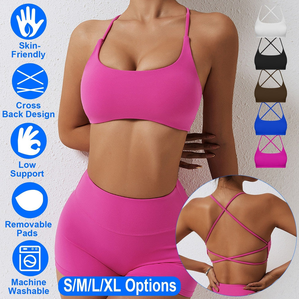 Women Cross Back Sport Bras Padded StrappyÊCrop Open Back Low Impact Bras SexyÊFitnessÊTank Tops with Removable Pads Thin Straps for Gym Yoga Workout