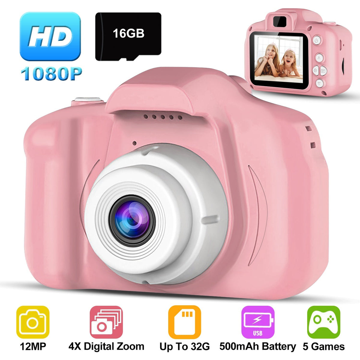 iMounTEK Kids Digital Camera w/ 2.0Ó Screen 12MP 1080P FHD Video Camera 4X Digital Zoom Games 32GB Card Supported Shockproof Child Camcorder for 3-10