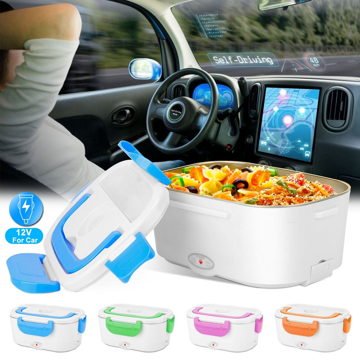 Electric Heating Lunch Box Food Heater Container Travel Thermal Bento Box Portable Food Warmer w/ 2 Removable Compartments 1 Free SpoonÊ1L