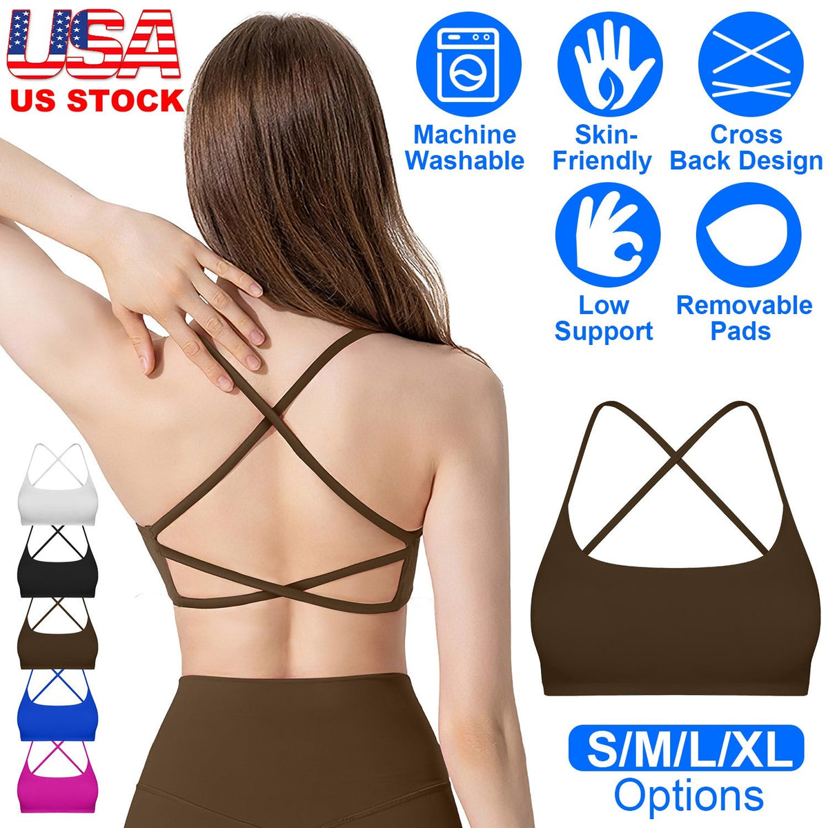 Women Cross Back Sport Bras Padded StrappyÊCrop Open Back Low Impact Bras SexyÊFitnessÊTank Tops with Removable Pads Thin Straps for Gym Yoga Workout