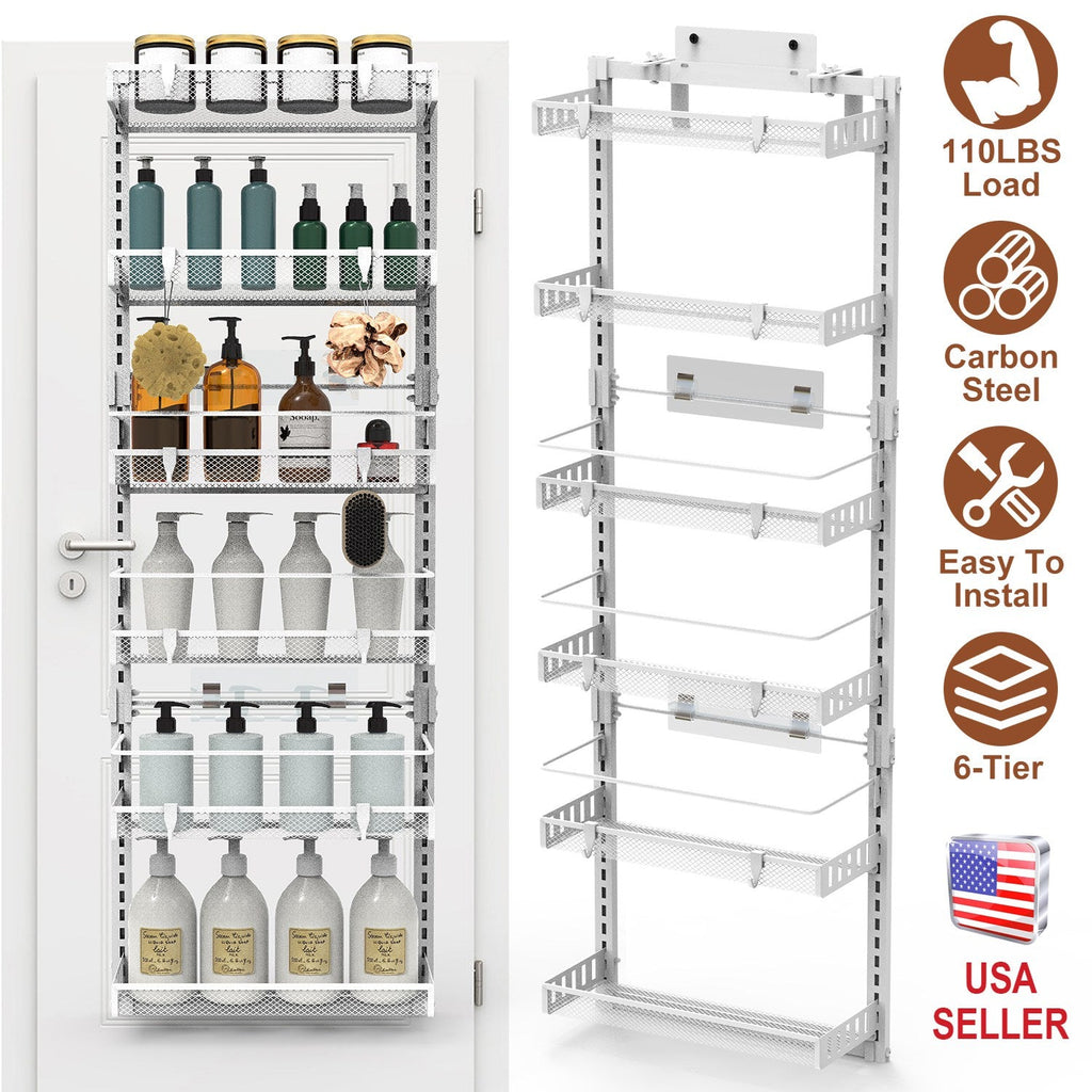 Over The Door Pantry Organizer 6-Tier Pantry Door Organizer Carbon Steel 110LBS Loading Easy Install Behind Door Storage For Closet Kitchen Bathroom 5